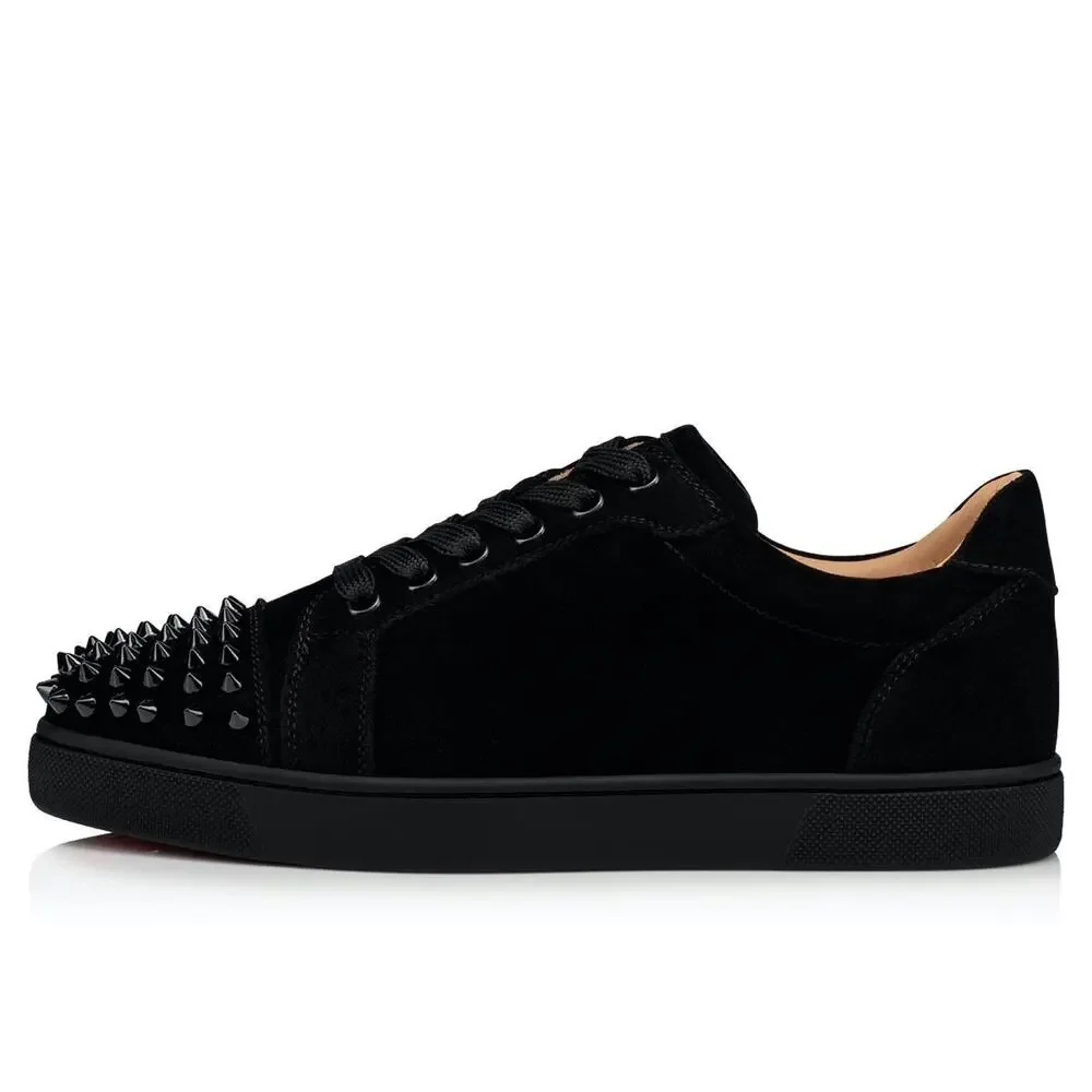 Christian Louboutin Vieira Spikes Flat Black Suede Lace Up Low Top Sneaker 40.5